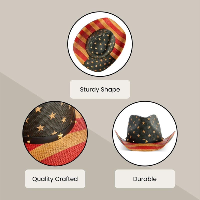 ZODACA USA Straw American Flag Cowboy Hat for Men, Women, Looks Vintage Cowgirl Hat for Costume Party (Adult Size) Multi - Image 4